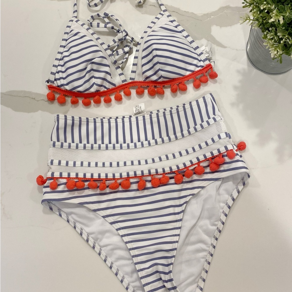 COCOSHIP High Waist Striped Pom Pom Bikini - Picture 3 of 10